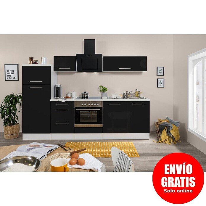 Respekta Premium Composición de cocina (Ancho: 270 cm, Con dispositivos eléctricos, Negro de alto brillo)