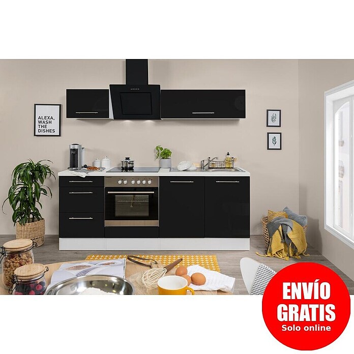 Respekta Premium Composición de cocina (Ancho: 210 cm, Con dispositivos eléctricos, Negro de alto brillo)