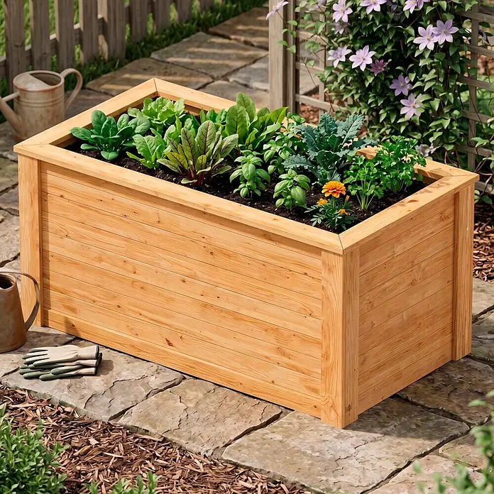 Westmann Hochbeet Lärche 170 - 170 x 90 x 84 cm, Holz, Natur - Hölzernes Hochbeet gefüllt mit verschiedenen Grünpflanzen und Blumen, mit Gartenzubehör in einer Außenumgebung.