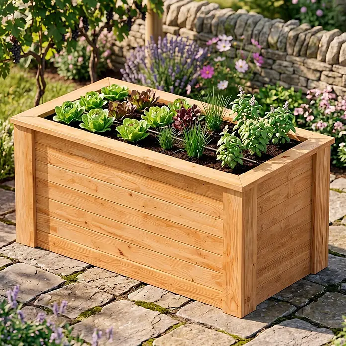 Westmann Hochbeet Lärche 130 - 130 x 65 x 84 cm, Holz, Natur - Rechteckiges Holz-Hochbeet auf Steinplatten, gefüllt mit Blattgemüse und Kräutern.
