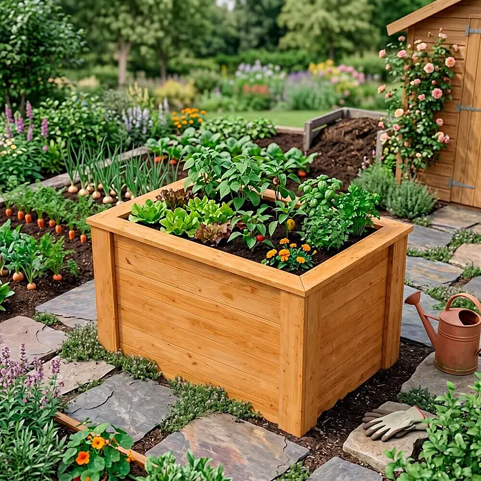 Westmann Hochbeet Lärche 100 - 100 x 65 x 66 cm, Holz, Natur - Hölzernes Hochbeet gefüllt mit frischem Gemüse und Kräutern in einer lebhaften Gartenumgebung.