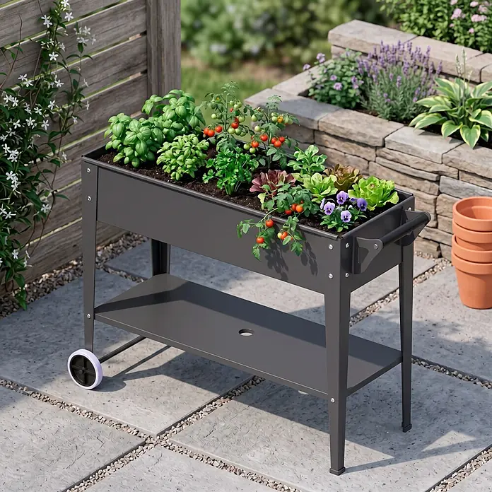 Floraworld Hochbeet Mobil - 41 x 100 x 80 cm, Stahl, Anthrazit - Dunkelgraues Metall-Hochbeet mit Rollen und Ablage, bepflanzt mit Kräutern und Gemüse.