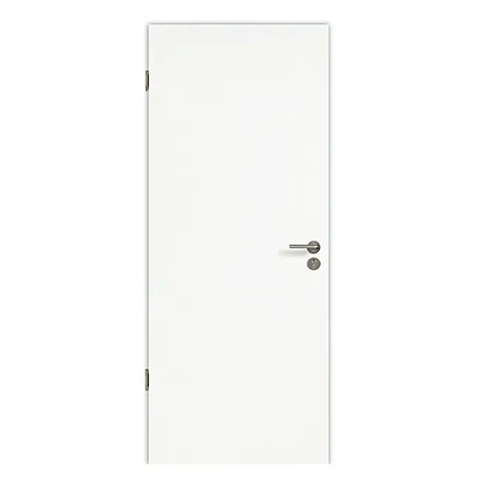 Kilsgaard Wohnungseingangstür Typ 52 SK1 KK3 - Klimaklasse nach RAL: III, 860 x 1.985 mm, DIN Anschlag: Links, Weiß lackiert, ähnlich RAL 9010 - Nahaufnahme einer weißen Tür mit einem modernen Türgriff und Beschlägen.