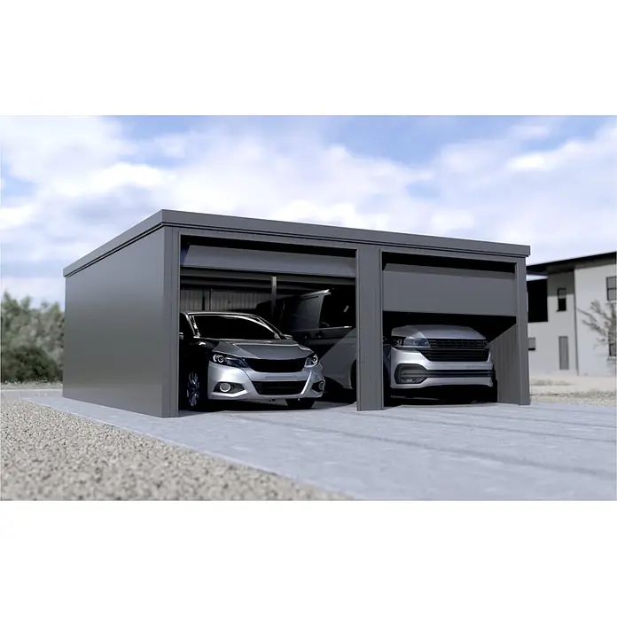 Garagen nach Maß - Konfigurierbar - Dunkelgraue Doppelgarage mit Rolltoren und zwei Autos darin.