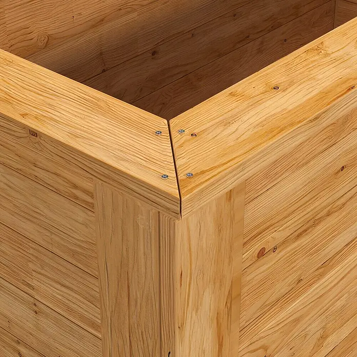Westmann Hochbeet Lärche 130 - 130 x 65 x 84 cm, Holz, Natur - Nahaufnahme einer hellbraunen Holzecke eines Pflanzkastens mit Maserung, Ästen und Schrauben.