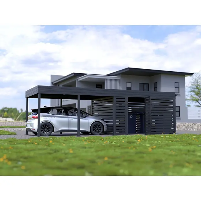Carport Planer - Konfigurierbar, Stahl - Dunkelgraues Lamellen-Carport mit integriertem Mülltonnen-Schuppen, schützt Auto und Mülltonnen.