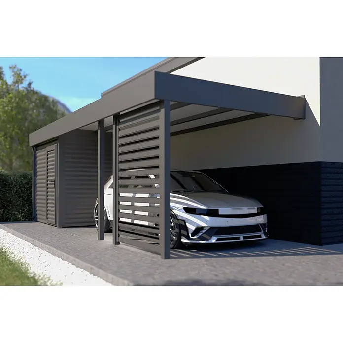 Carport Planer - Konfigurierbar, Stahl - Moderner grauer Carport mit Lamellenwänden zum Schutz eines geparkten Autos.