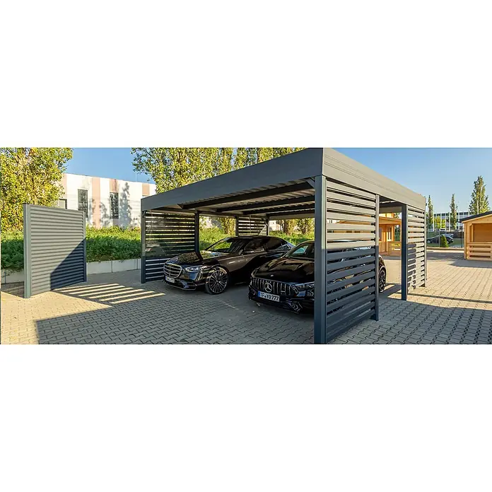 Carport Planer - Konfigurierbar, Stahl - Dunkelgrauer Doppelcarport mit Lamellenwänden, der zwei schwarze Autos schützt.