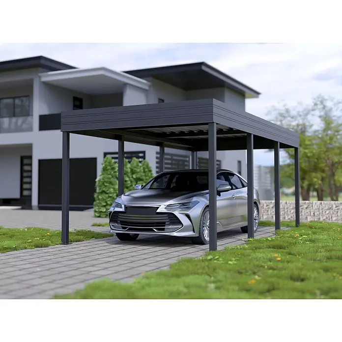 Carport Planer - Konfigurierbar, Stahl - Moderner dunkelgrauer Metallcarport schützt einen silbernen Wagen auf einer gepflasterten Einfahrt.