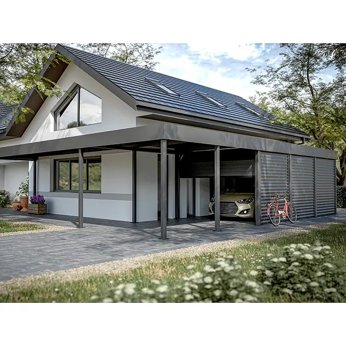 Carport Planer - Konfigurierbar, Stahl - Modernes weißes Haus mit dunkelgrauem Satteldach und integriertem Carport/Garage, das ein Auto und Fahrrad schützt.