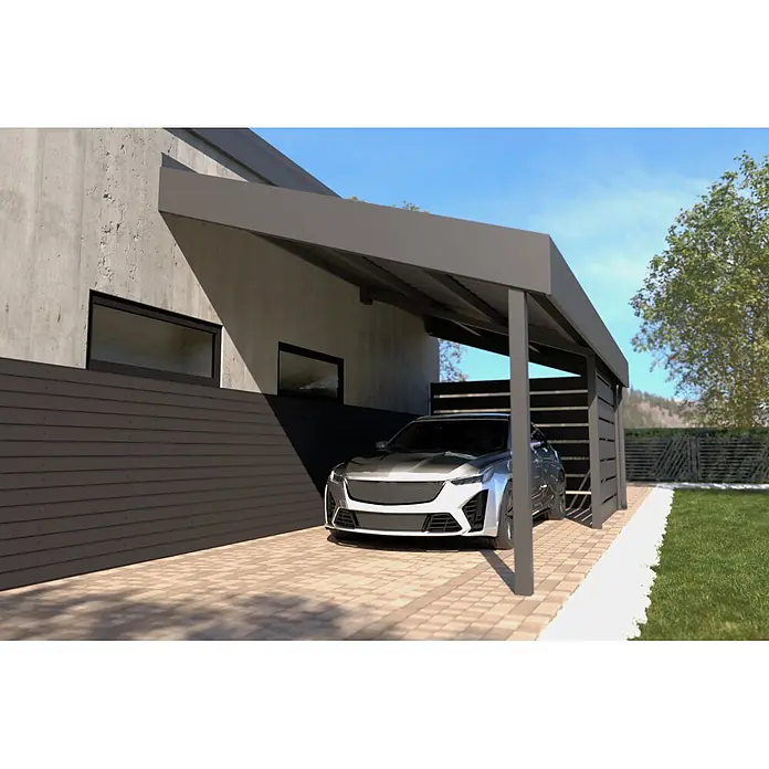 Carport Planer - Konfigurierbar, Stahl - Moderner dunkelgrauer Carport an einem zeitgenössischen Haus, schützt ein Auto auf einer gepflasterten Auffahrt.