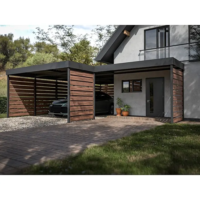Carport Planer - Konfigurierbar, Stahl - Moderner, dunkelgrauer Carport mit Holzlamellen, der ein Auto und den Hauseingang schützt.