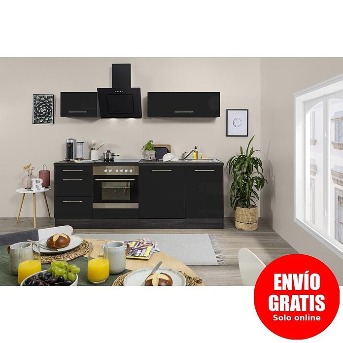 Respekta Premium Composición de cocina (Ancho: 220 cm, Con dispositivos eléctricos, Negro de alto brillo)