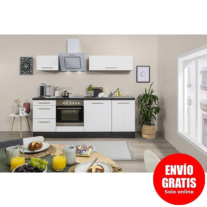 Respekta Premium Composición de cocina (Ancho: 220 cm, Con dispositivos eléctricos, Blanco de alto brillo)