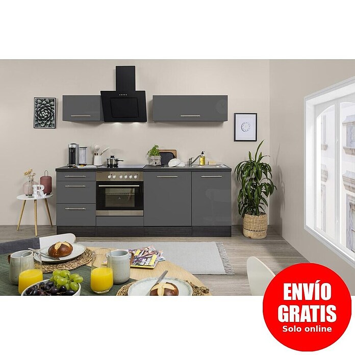 Respekta Premium Composición de cocina (Ancho: 220 cm, Con dispositivos eléctricos, Gris de alto brillo)