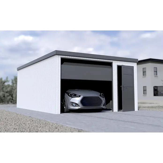 Garagen nach Maß - Konfigurierbar - Moderne weiße Garage mit dunkelgrauem Dachrand, einer offenen Seitentür und einem teilweise geöffneten Rolltor, das ein silbernes Auto zeigt.