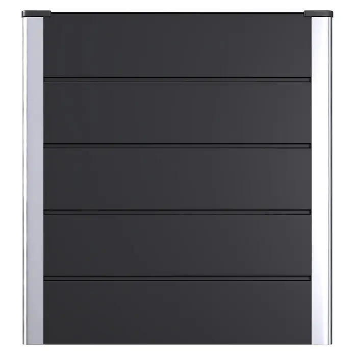 GroJa Solid Hochbeet - 150 x 70 x 75 cm, Verbundwerkstoff, Anthrazit - Dunkelgraues Sichtschutzpaneel mit silbernem Aluminiumrahmen und schwarzen Endkappen.
