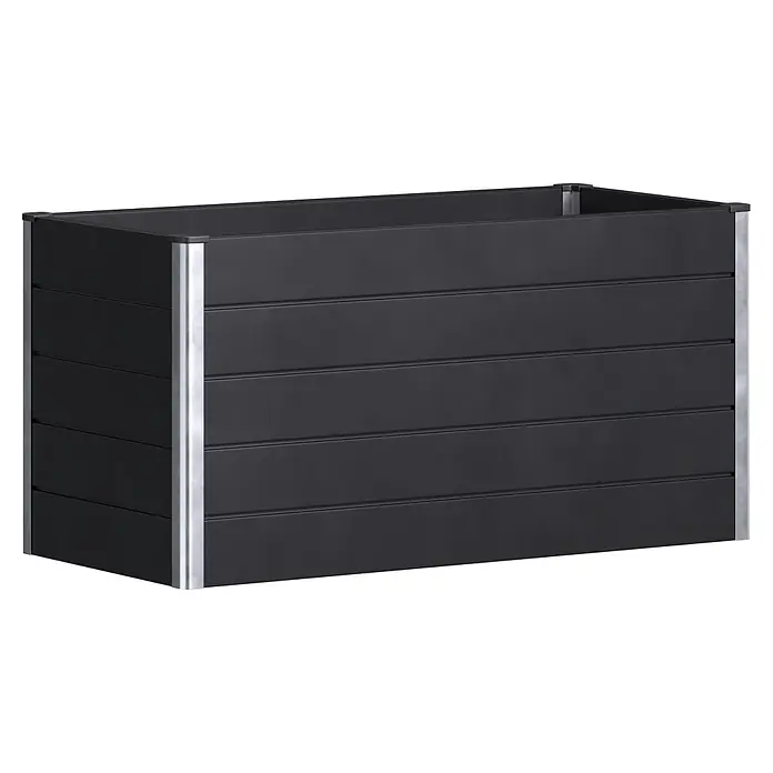 GroJa Solid Hochbeet - 150 x 70 x 75 cm, Verbundwerkstoff, Anthrazit - Rechteckiger dunkelgrauer Pflanzkasten mit horizontalen Lamellen und Metalleckstützen.