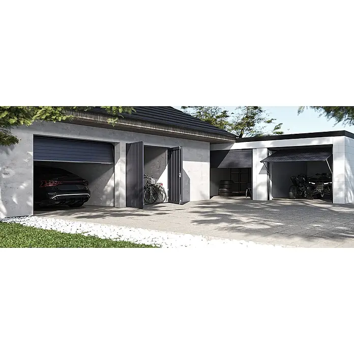 Garagentor nach Maß - Konfigurierbar - Dunkelgraue Garagentore: zwei Rolltore, eine Seitentür und ein Sektionaltor an einer modernen Garage.