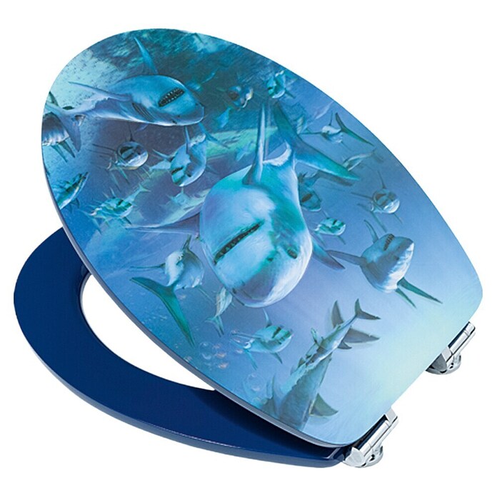 Poseidon Toiletzitting Haai 3D (Softclose, Houten kern, Blauw)