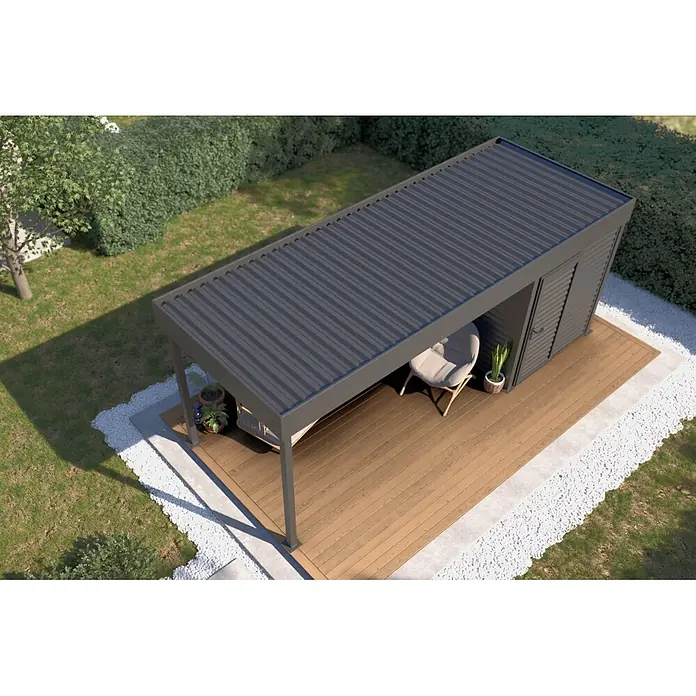 Terrassenüberdachung nach Maß - Stahl, Konfigurierbar - Modernes, dunkelgraues Metall-Gartenhaus mit integrierter Pergola und Holzterrasse, inkl. Sitzbereich.