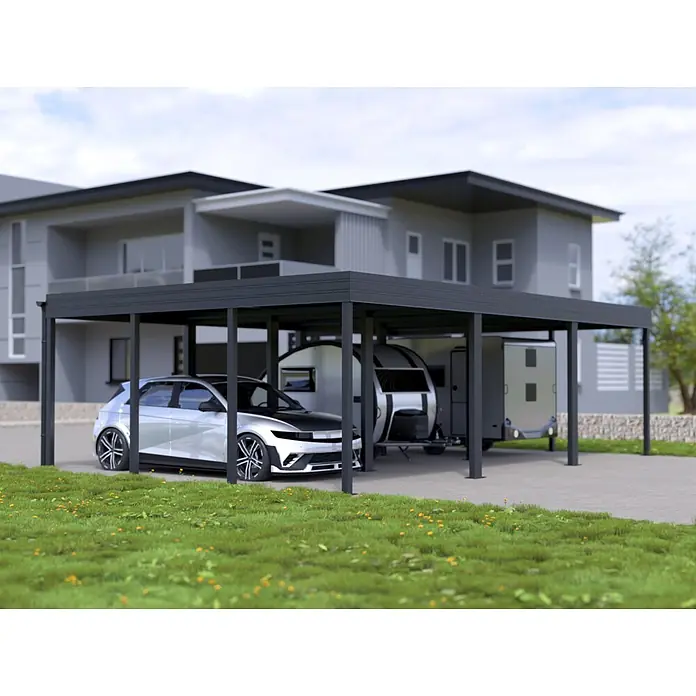 Carport Planer - Konfigurierbar, Stahl - Dunkelgrauer Carport schützt silbernes Auto und kleinen Anhänger vor einem modernen Haus.