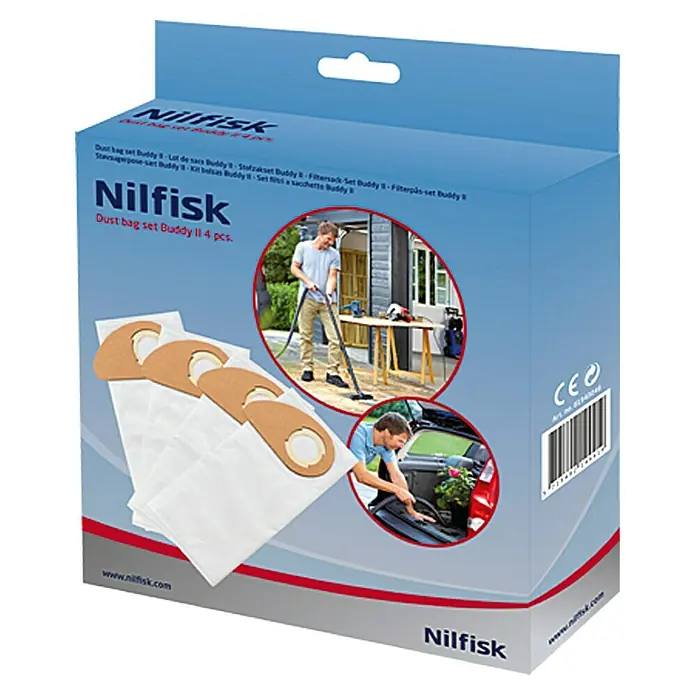 Nilfisk Staubsaugerbeutel - Vlies, Passend für: Nilfisk Nass-Trockensauger Buddy II-Serie - Abbildung der Nilfisk Buddy II Staubsaugerbeutel, ein Set mit vier Stück für den Buddy II Staubsauger.