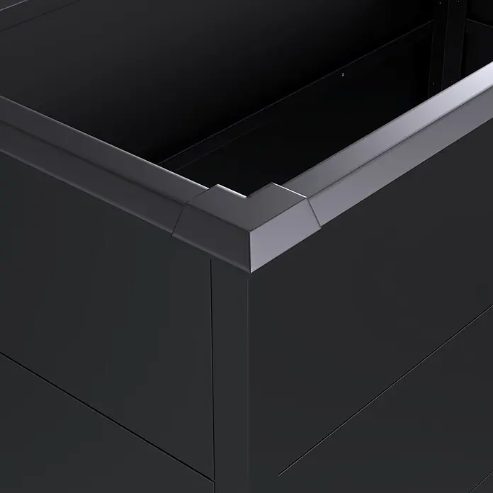 Westmann Hochbeet Primus M - 50 x 100 x 77 cm, Metall, Anthrazit - Dunkelgraue Metallecke eines Pflanzgefäßes mit kantiger Oberkante. Innen sind Verstrebungen sichtbar.