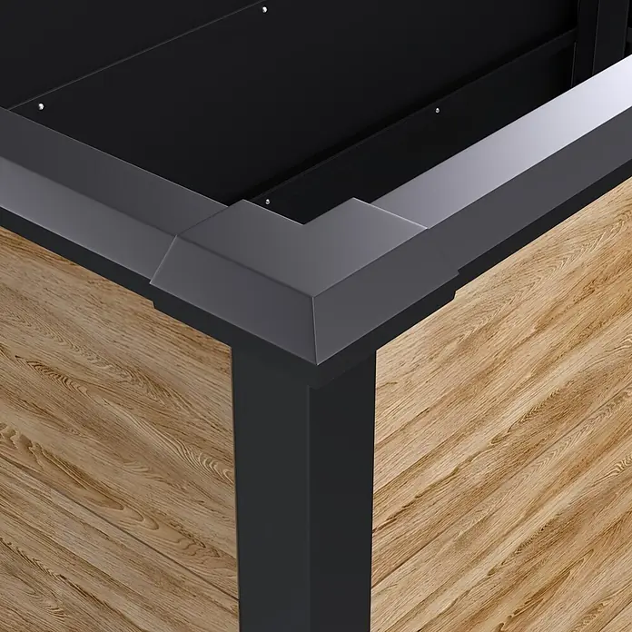 Westmann Hochbeet Primus L - 75 x 150 x 77 cm, Metall, Anthrazit/Braun - Ecke eines Hochbeets mit dunkelgrauem Metallrahmen und Holzoptik-Paneelen.