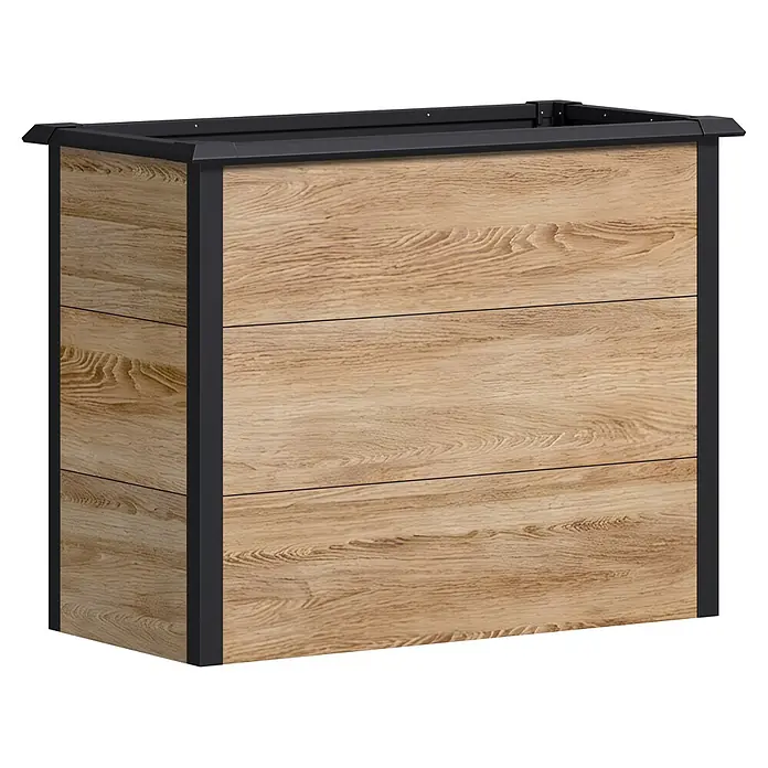Westmann Hochbeet Primus M - 50 x 100 x 77 cm, Metall, Anthrazit/Braun - Rechteckiges Pflanzgefäß mit hellen Holzpaneelen und schwarzem Metallrahmen.