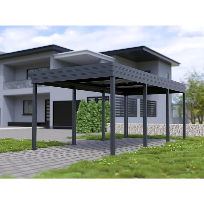 Carport Planer - Konfigurierbar, Stahl - Dunkelgrauer Metall-Carport als Fahrzeugunterstand vor einem modernen Haus auf der Auffahrt.