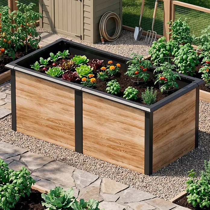 Westmann Hochbeet Primus XL - 100 x 200 x 77 cm, Metall, Anthrazit/Braun - Hochbeet mit Holzoptik-Platten und dunklem Rahmen, bepflanzt mit verschiedenen Pflanzen im Garten.
