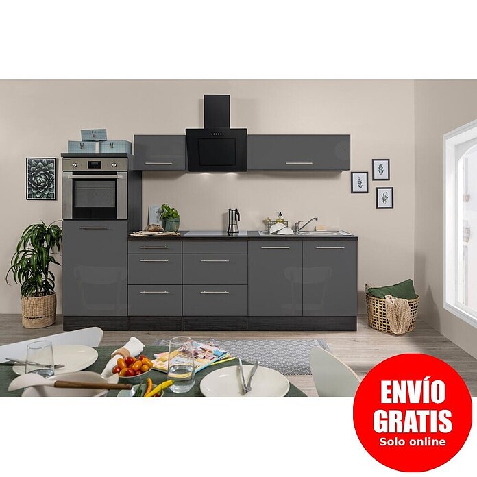Respekta Premium Composición de cocina (Ancho: 270 cm, Con dispositivos eléctricos, Gris de alto brillo)