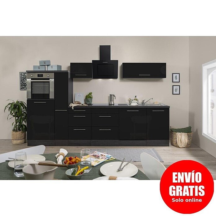Respekta Premium Composición de cocina (Ancho: 310 cm, Con dispositivos eléctricos, Negro de alto brillo)