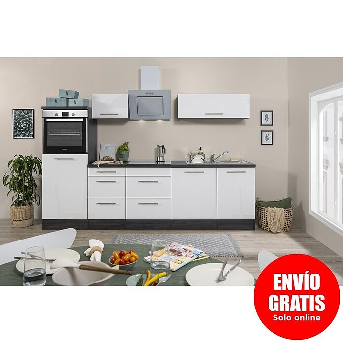 Respekta Premium Composición de cocina (Ancho: 280 cm, Con dispositivos eléctricos, Blanco de alto brillo)
