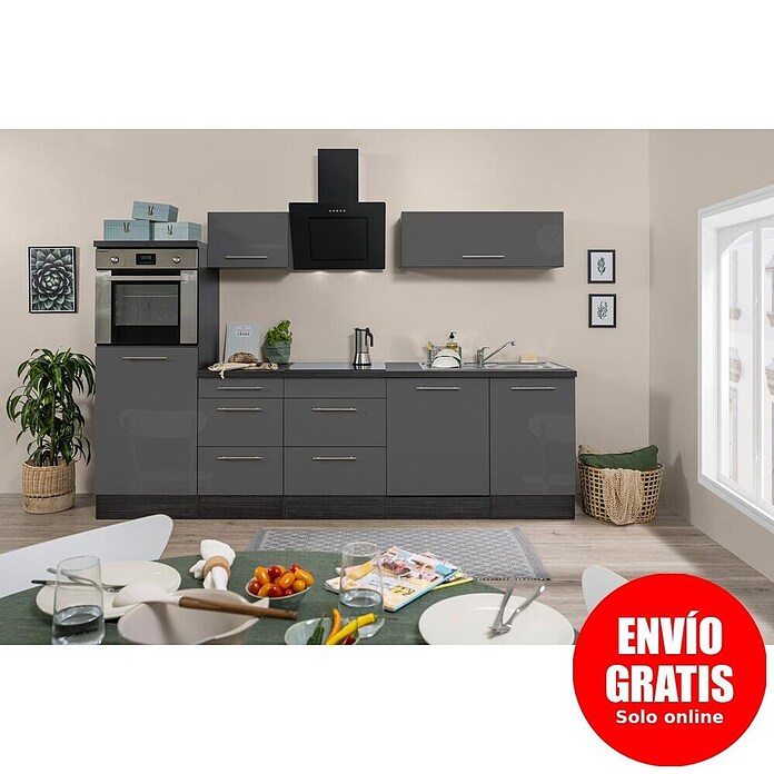 Respekta Premium Composición de cocina (Ancho: 280 cm, Con dispositivos eléctricos, Gris de alto brillo)