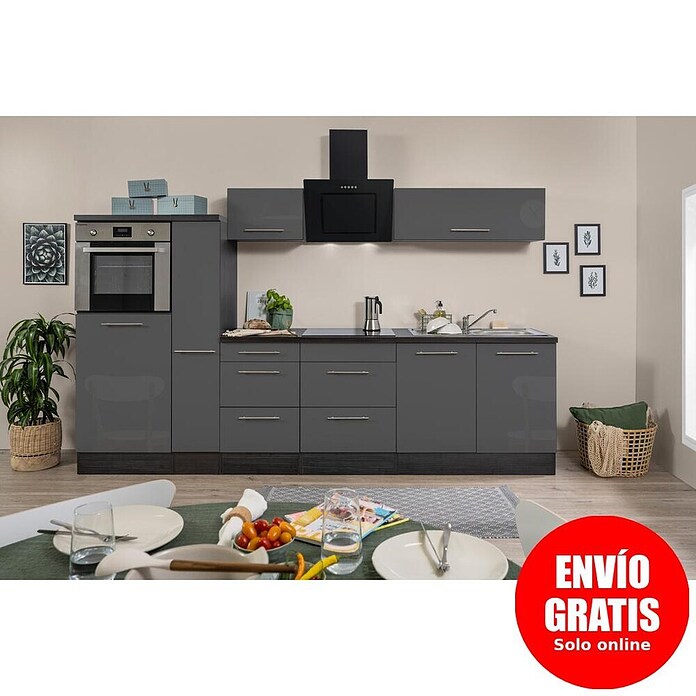 Respekta Premium Composición de cocina (Ancho: 300 cm, Con dispositivos eléctricos, Gris de alto brillo)
