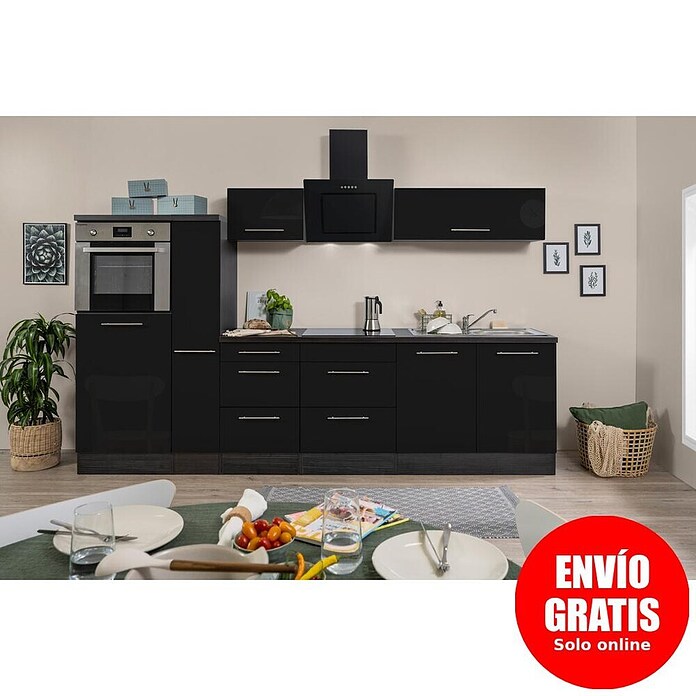 Respekta Premium Composición de cocina (Ancho: 300 cm, Con dispositivos eléctricos, Negro de alto brillo)