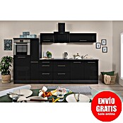 Respekta Premium Composición de cocina (Ancho: 300 cm, Con dispositivos eléctricos, Negro de alto brillo)