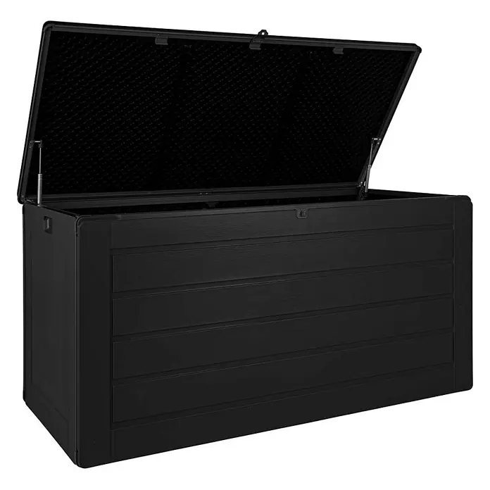 Ebuy24 Garten-Aufbewahrungsbox Dubrovnik - L x B x H: 61 x 147 x 65 cm, Schwarz, Kunststoff - Schwarze Outdoor-Aufbewahrungsbox mit Holzstruktur und offenem Deckel, gestützt von Gasfedern.
