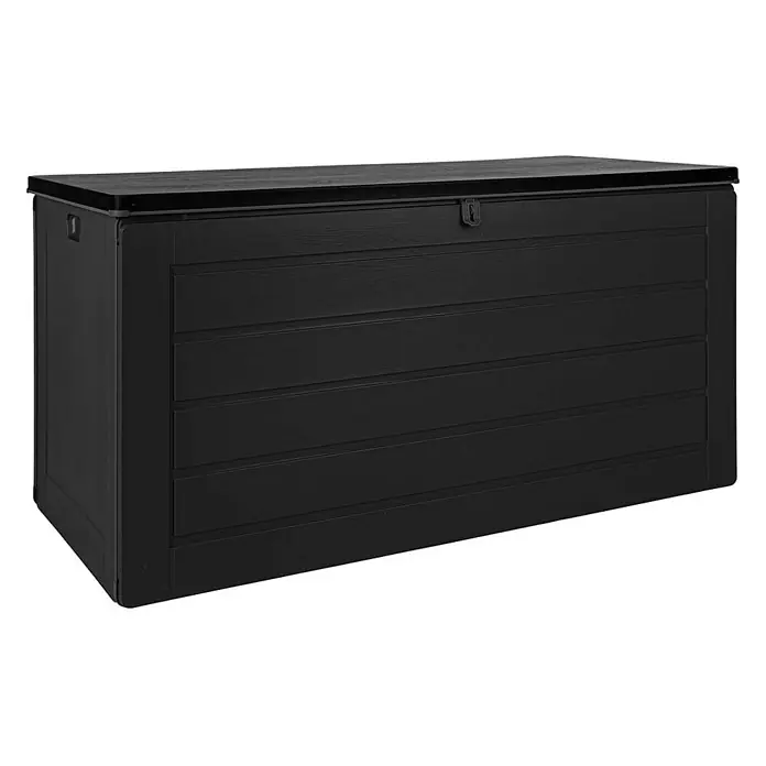 Ebuy24 Garten-Aufbewahrungsbox Dubrovnik - L x B x H: 61 x 147 x 65 cm, Schwarz, Kunststoff - Schwarze Kunststoff-Gartenbox mit Holzoptik und Vorhängeschloss-Option.