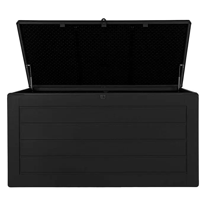 Ebuy24 Garten-Aufbewahrungsbox Dubrovnik - L x B x H: 61 x 147 x 65 cm, Schwarz, Kunststoff - Schwarze, texturierte Aufbewahrungskiste mit offenem Deckel, die das Innere und Gasdruckfedern zeigt.