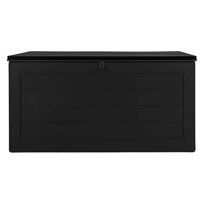 Ebuy24 Garten-Aufbewahrungsbox Dubrovnik - L x B x H: 61 x 147 x 65 cm, Schwarz, Kunststoff - Schwarze, strukturierte Aufbewahrungsbox mit Verschluss und Paneeldesign.