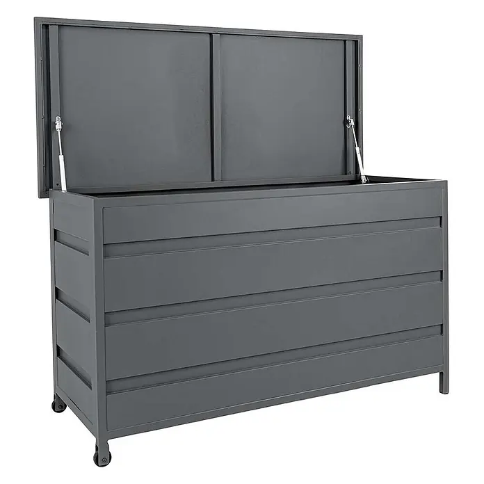 Ebuy24 Garten-Aufbewahrungsbox Cassis - Grau, Aluminium - Dunkelgraue Metall-Aufbewahrungsbox mit offenem Deckel und Gasdruckfedern, mit Lamellenwänden und Rollen.