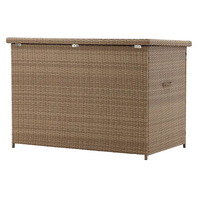 Ebuy24 Garten-Aufbewahrungsbox Amazon - L x B x H: 90 x 159 x 101 cm, Natur, Kunststoff - Braune geflochtene Rattan-Outdoor-Aufbewahrungsbox mit Klappdeckel und seitlichem Griff.