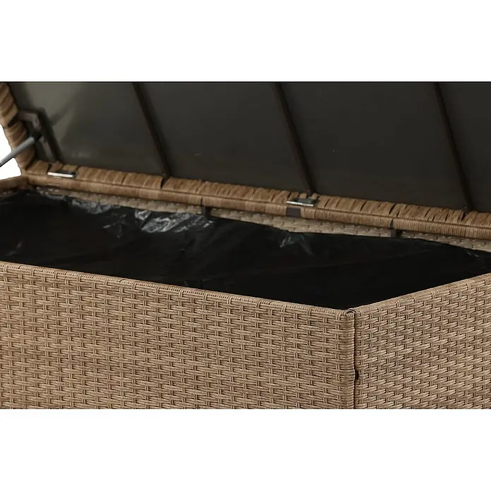 Ebuy24 Garten-Aufbewahrungsbox Amazon - L x B x H: 90 x 159 x 101 cm, Natur, Kunststoff - Offene hellbraune Aufbewahrungsbox aus Weidengeflecht mit schwarzem Liner und geöffnetem Deckel.