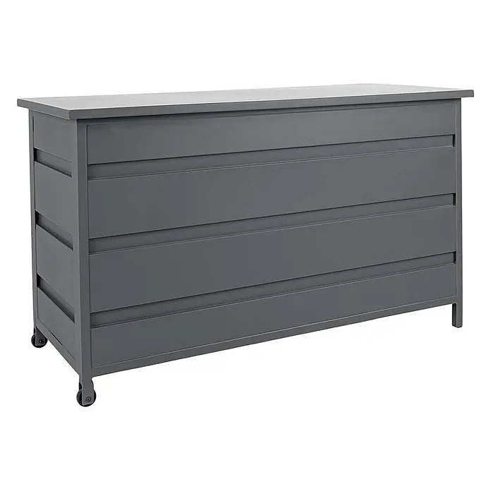 Ebuy24 Garten-Aufbewahrungsbox Cassis - Grau, Aluminium - Dunkelgraue Kommode mit vier langen Schubladen und kleinen Rollen an einer Seite.