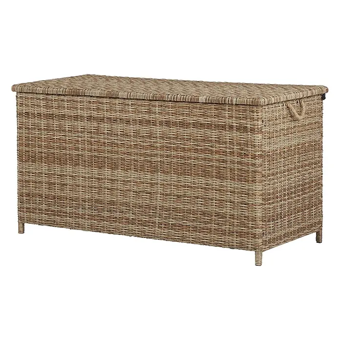 Ebuy24 Garten-Aufbewahrungsbox Gram - L x B x H: 75 x 150 x 80 cm, Natur, Kunststoff - Braune und beige geflochtene Rattan-Aufbewahrungsbox mit Klappdeckel und Seilgriff.