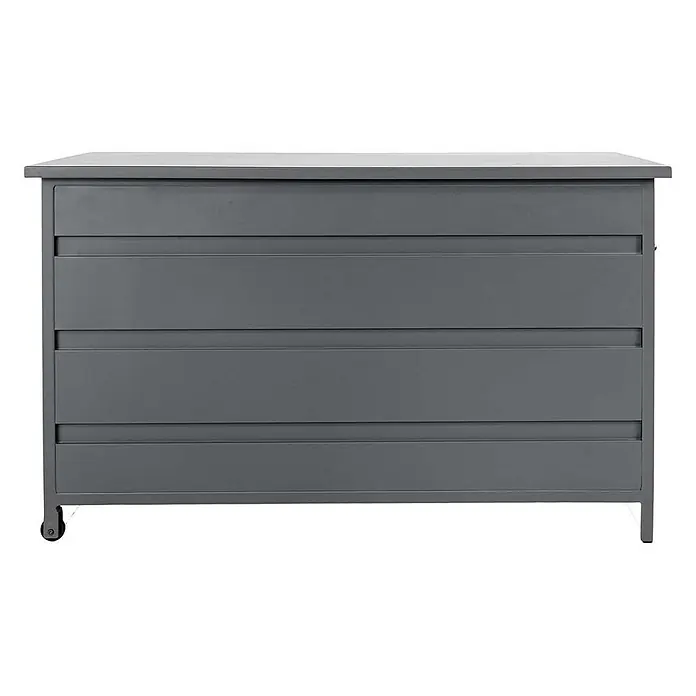 Ebuy24 Garten-Aufbewahrungsbox Cassis - Grau, Aluminium - Graue Kommode mit vier langen Schubladen und kleinen Rollen an der Basis für Mobilität.
