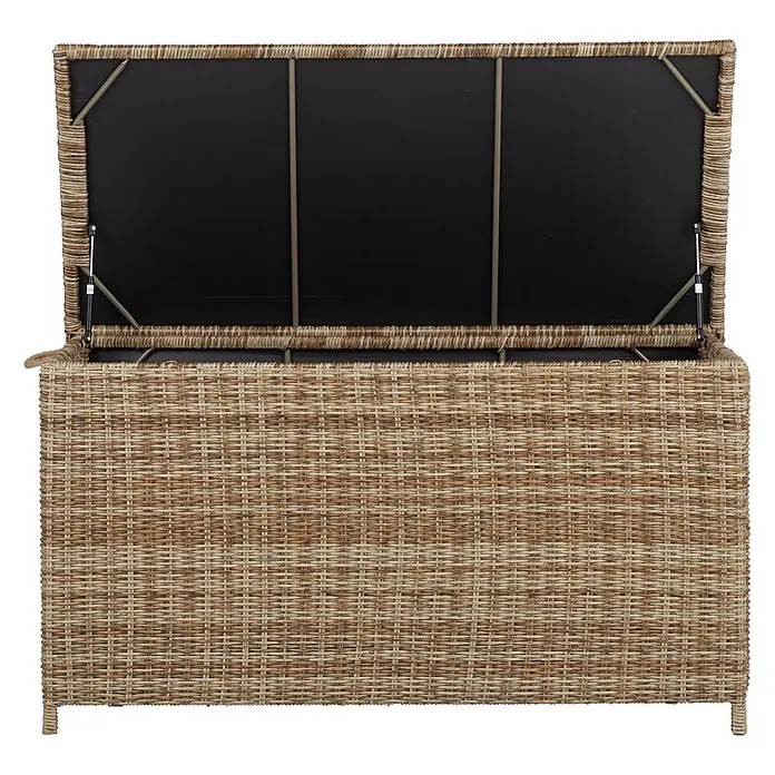 Ebuy24 Garten-Aufbewahrungsbox Gram - L x B x H: 75 x 150 x 80 cm, Natur, Kunststoff - Rattan-Look Aufbewahrungstruhe mit geöffnetem Deckel, schwarzem Innenfutter und Gasfedern. Zweifarbiger brauner Kunstgeflecht.